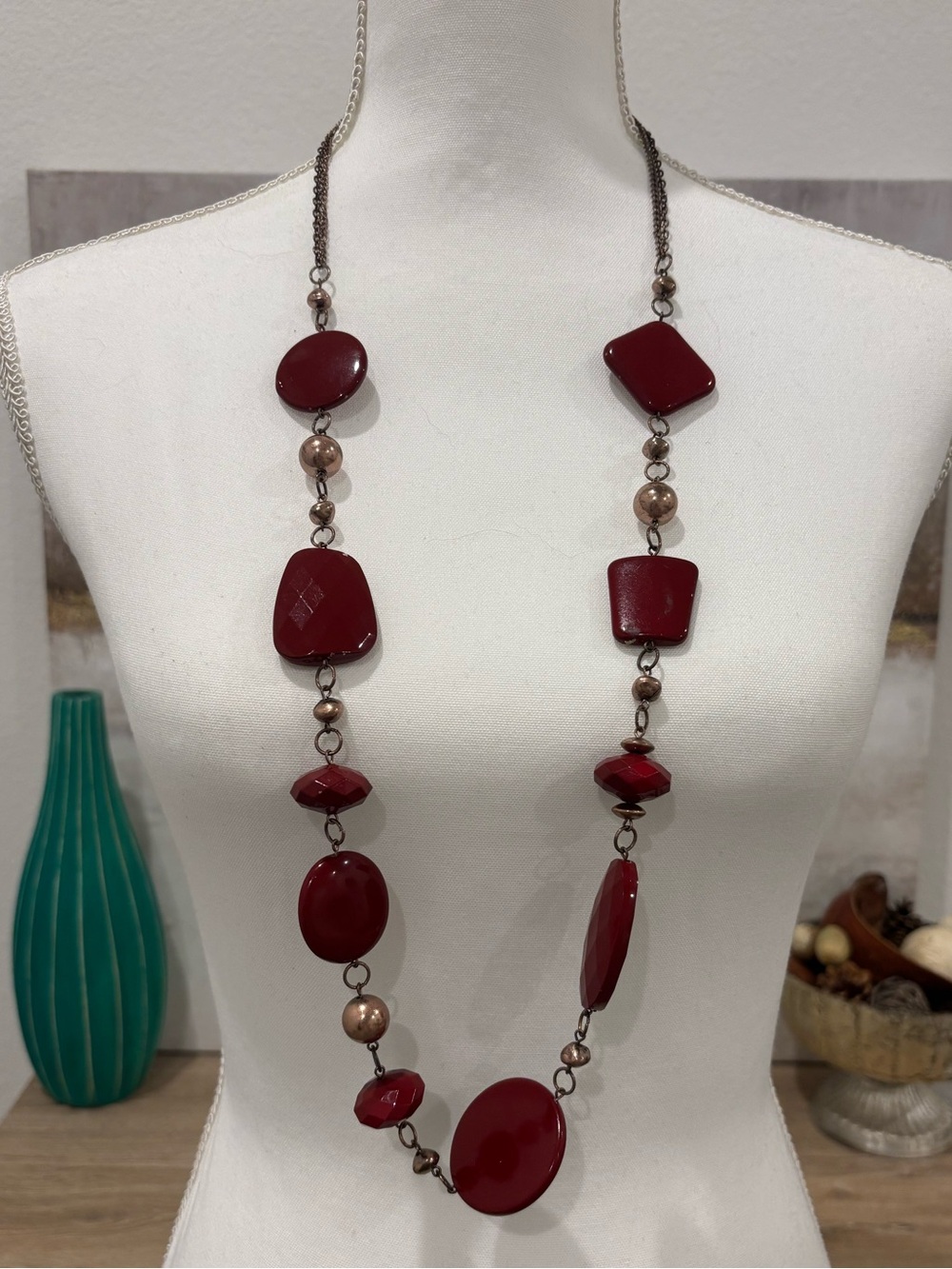 Long Red Beaded Statement Necklace - Women Jewelry